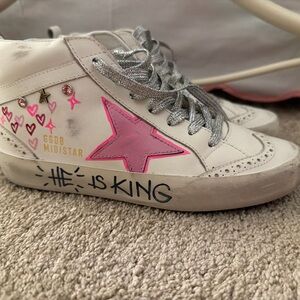 Golden Goose Kids Sneakers - White with Pink Star and Silver Laces